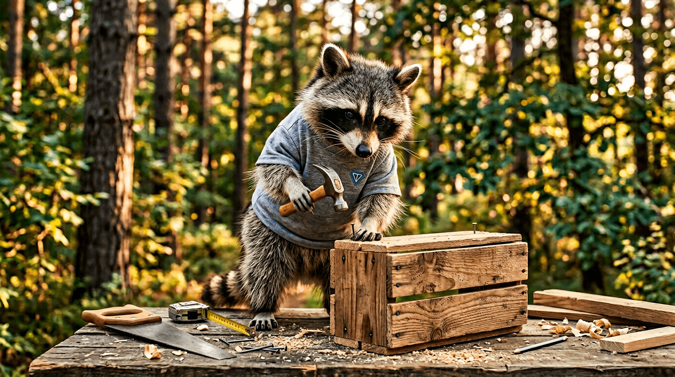 Raccoon wearing a TON-branded t-shirt, building with a hammer